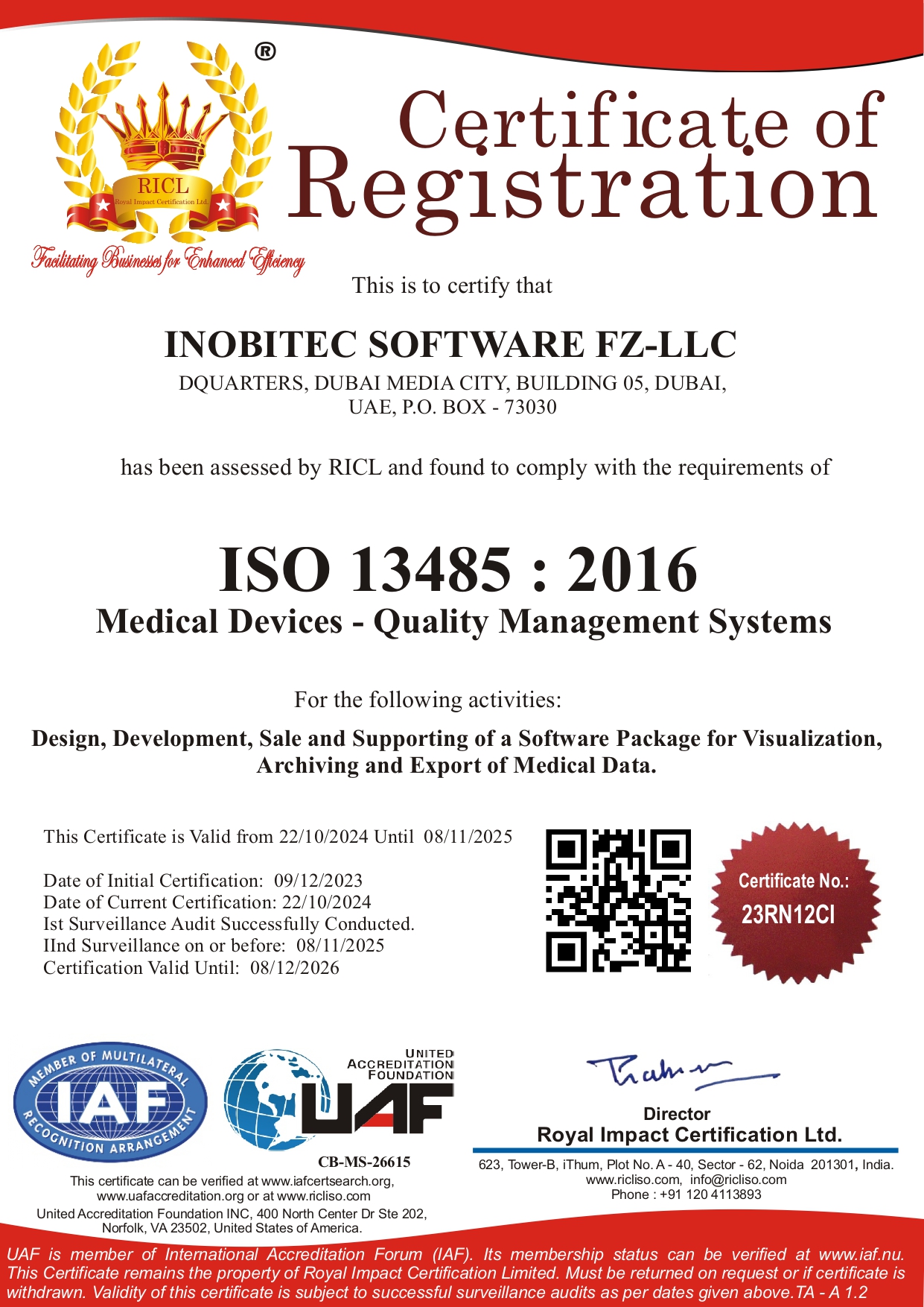 管理体系符合 EN ISO 13485:2016 要求的证书